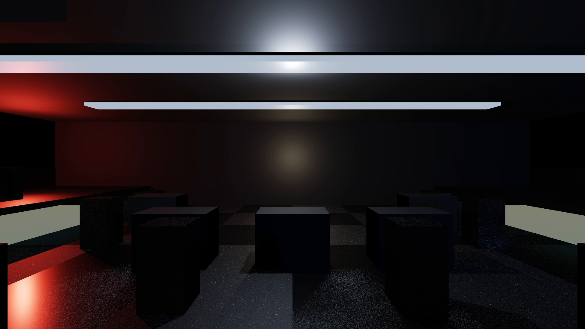 Dark ray-traced arena with black block targets under a white ceiling strip