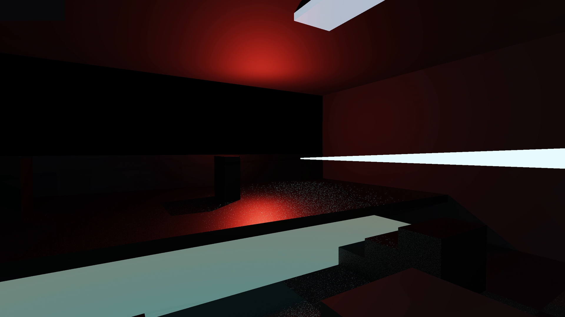 Red-lit arena with a pale walkway and a single block target