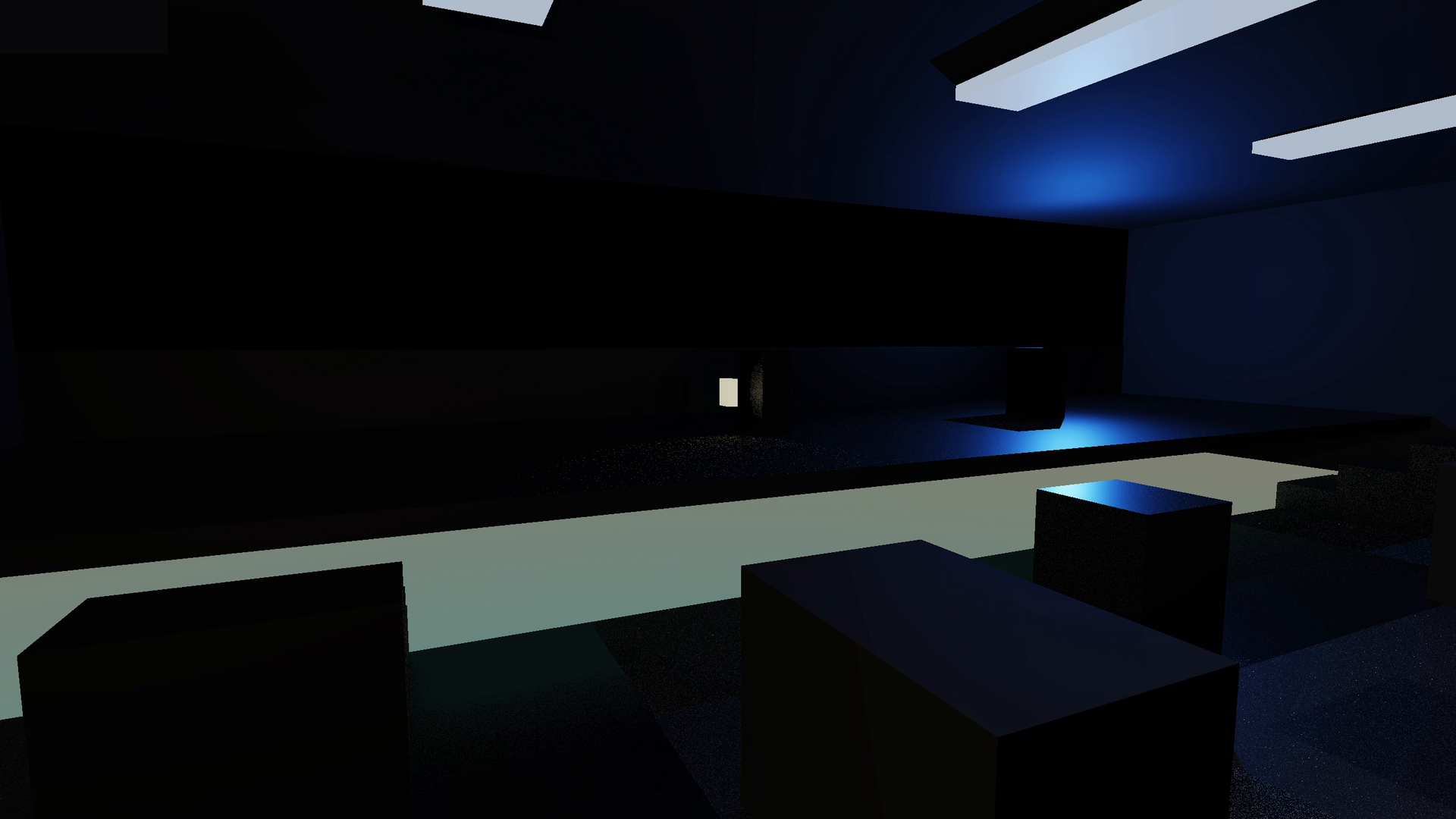 Blue-lit hall with a raised walkway and scattered block targets