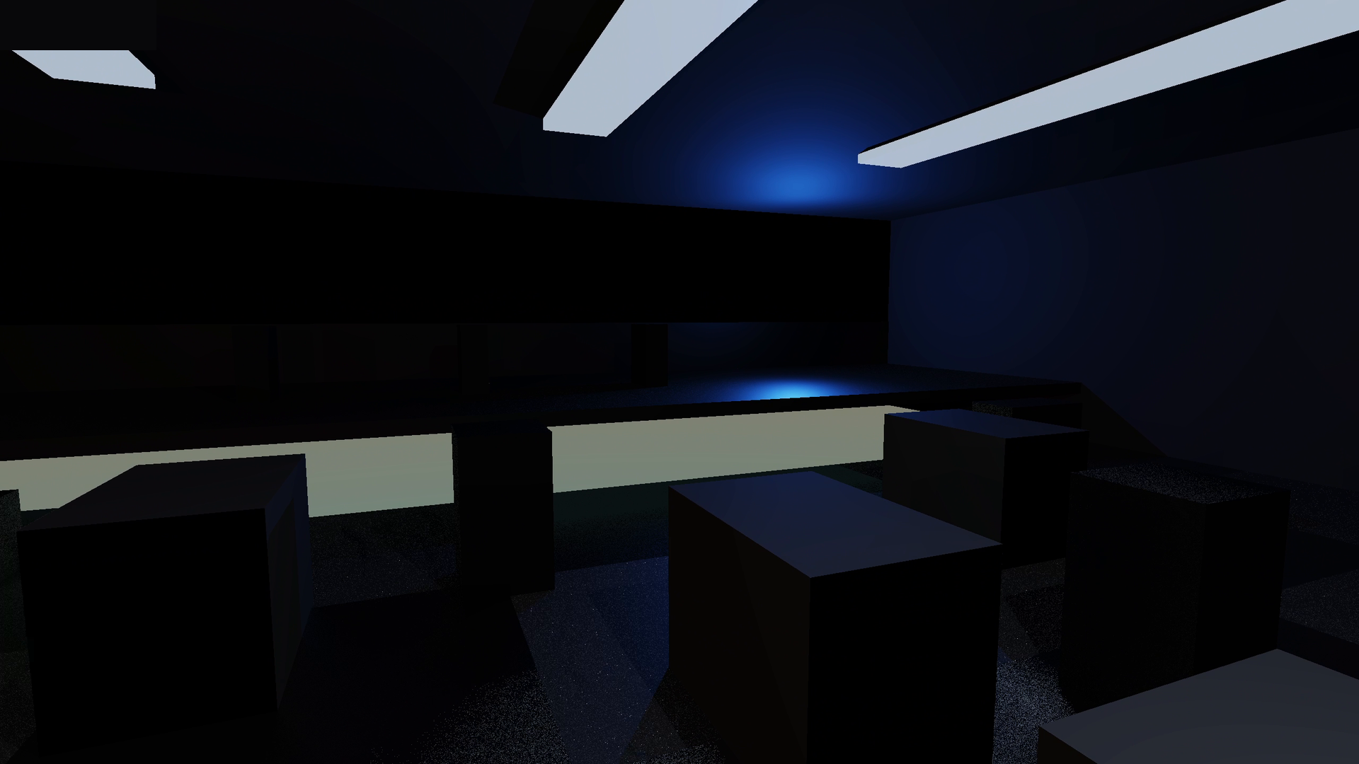 Blue arena with clustered black blocks along a pale walkway