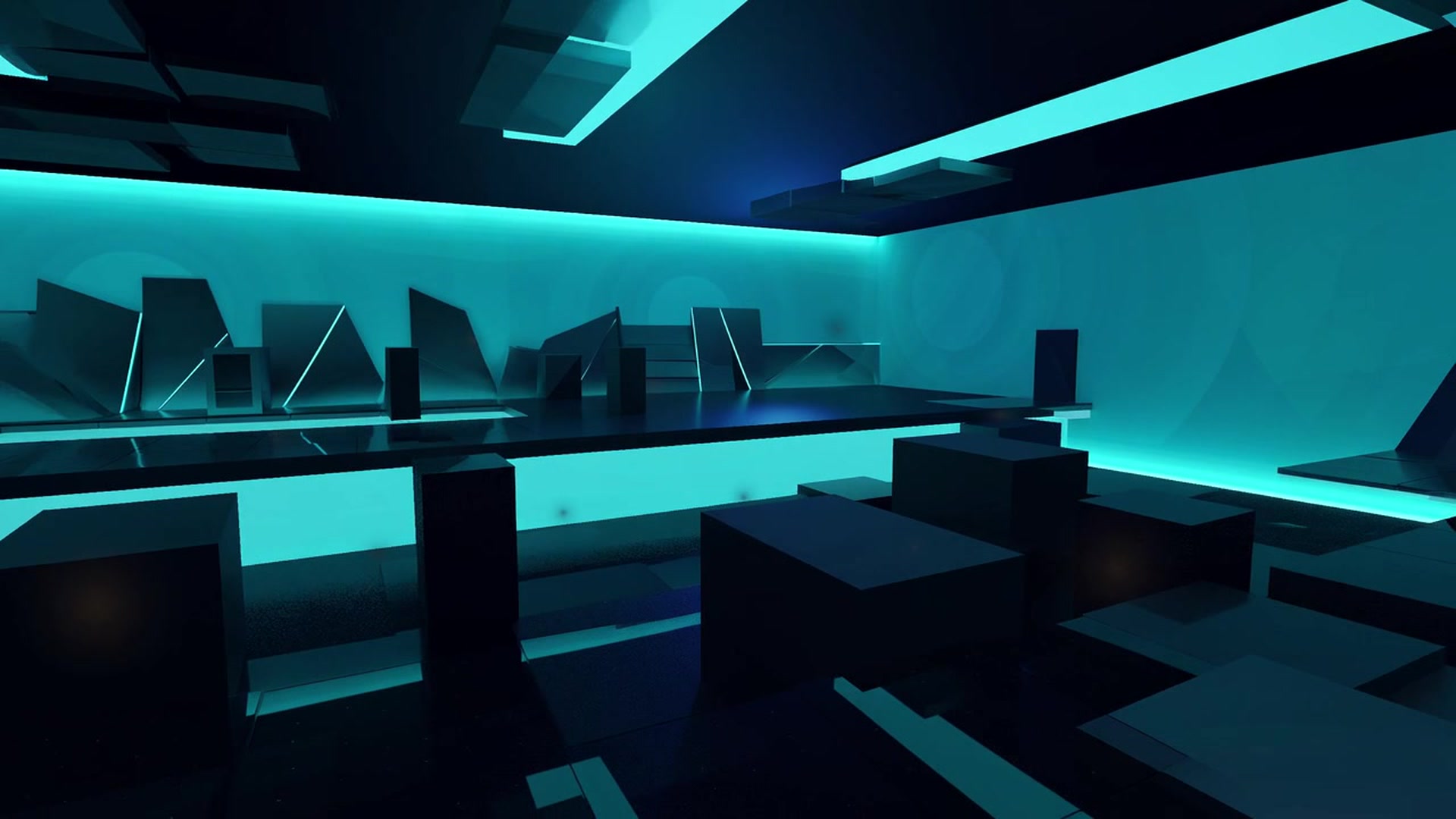 Mirrored Court A arena with black block cover under cyan ceiling panels