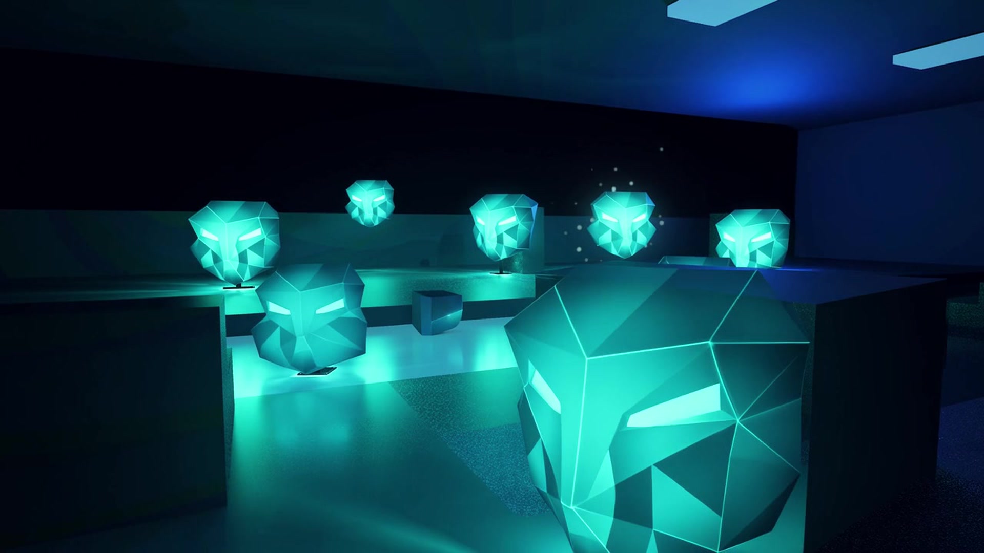Faceted cyan-eyed monster heads on stands in a dark grid court
