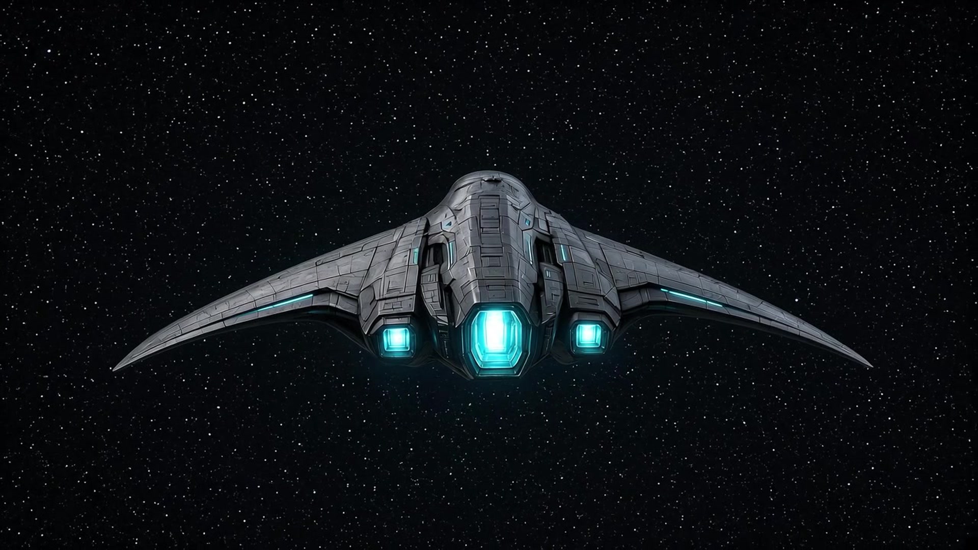 Dark manta-shaped craft with cyan exhaust cruising through a starfield