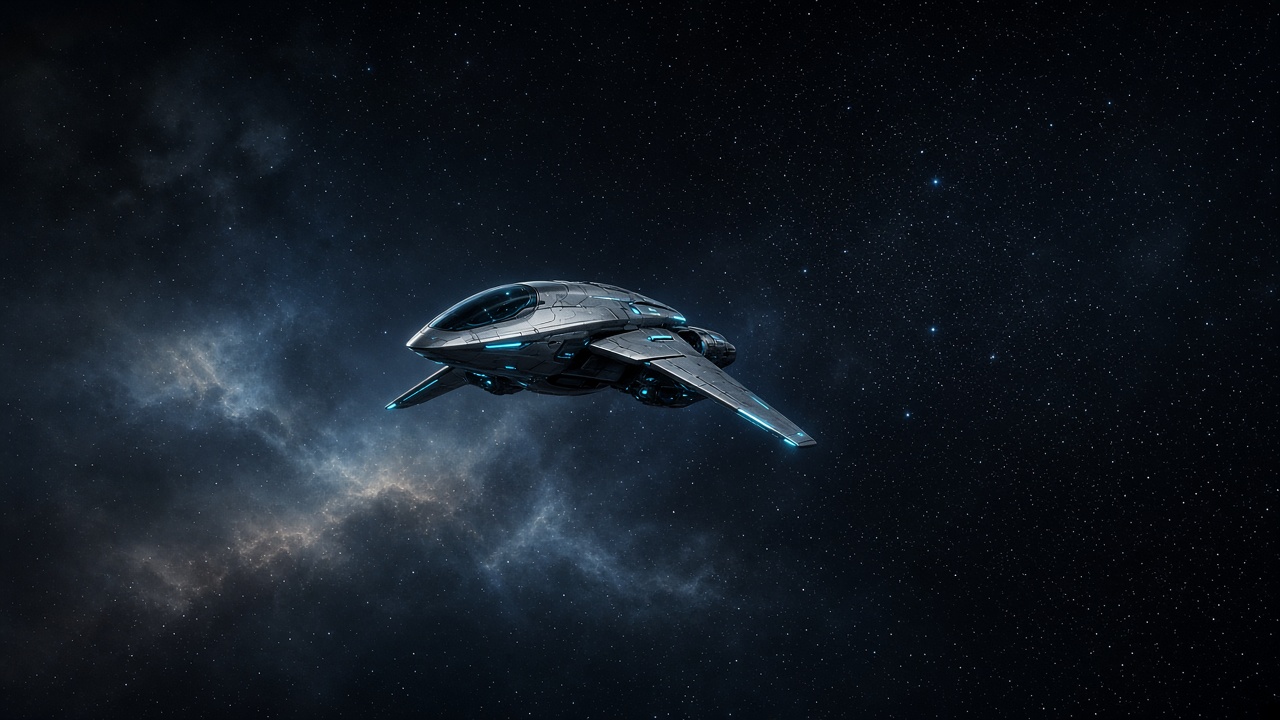 Cold-open beat — ship cruise through dense stars.