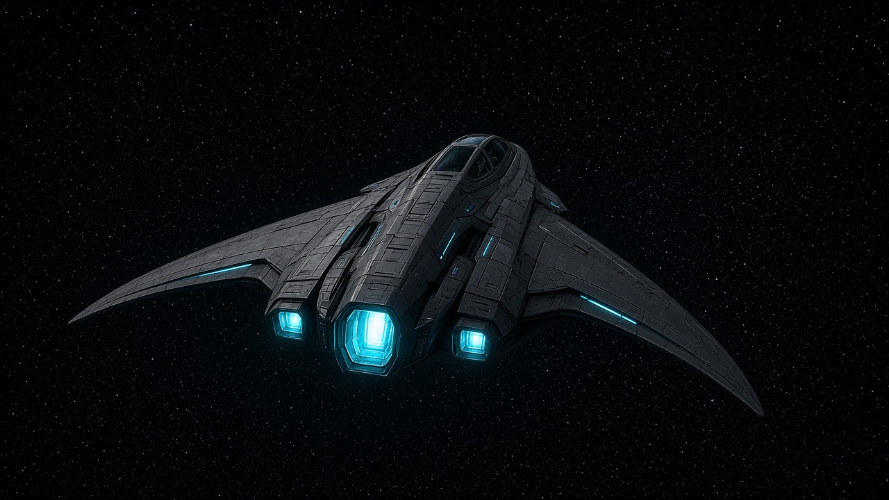 Hero craft — rear three-quarter lock still. Triple cyan thruster read.