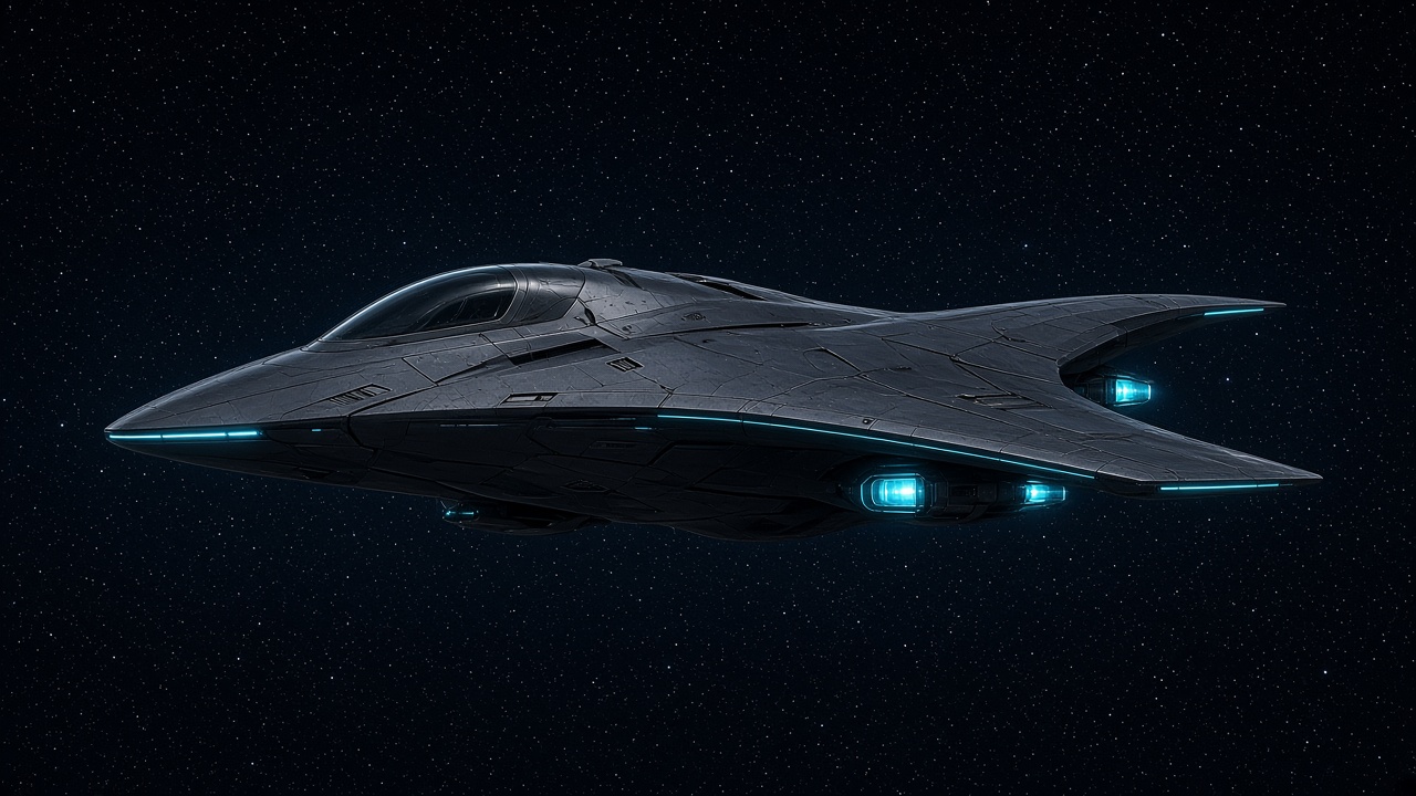 Hero craft — side profile lock still. Dark manta silhouette with cyan thrusters.