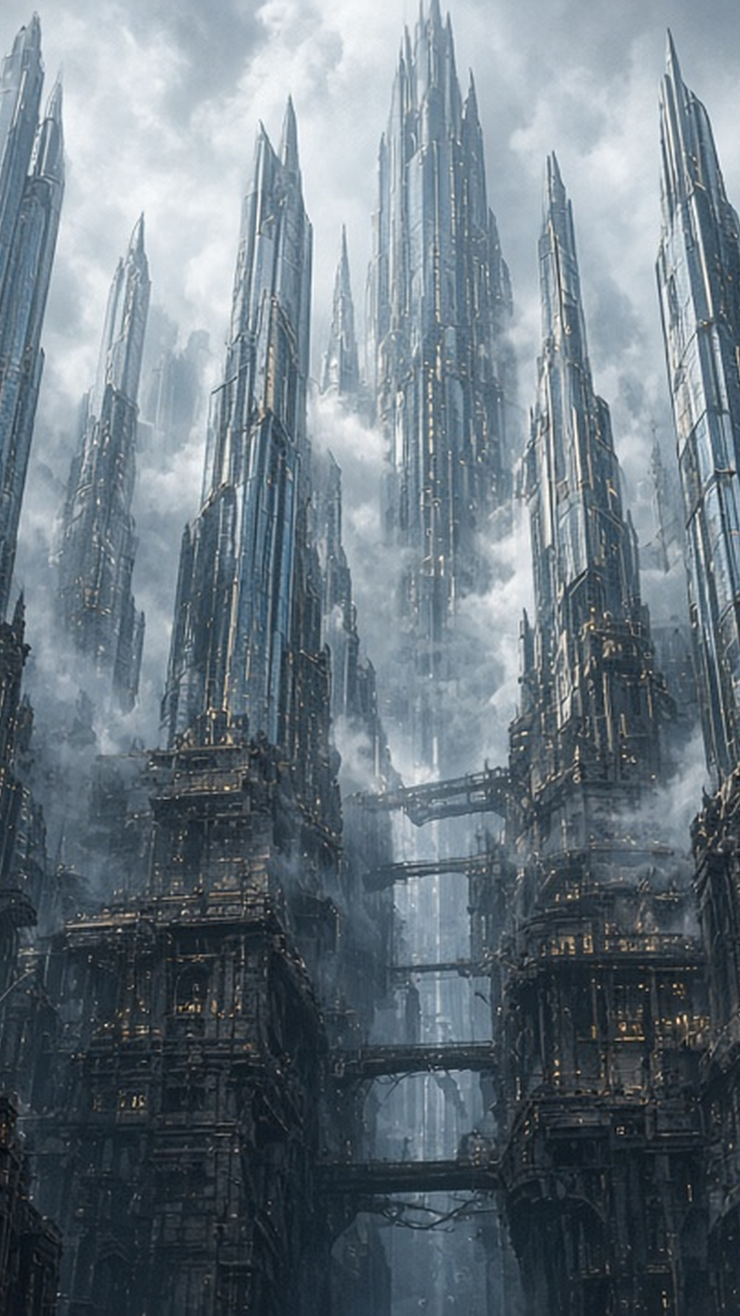 Vertical glass-and-stone towers rising through sky mist, linked by skybridges