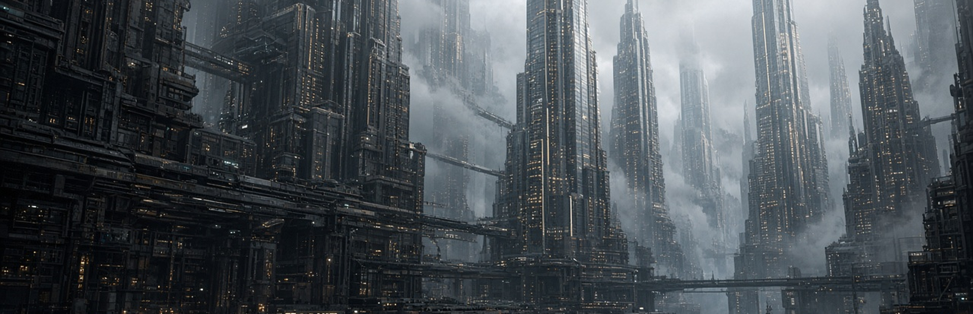 Wide stacked megacity in charcoal, sky mist, and stone-gold light